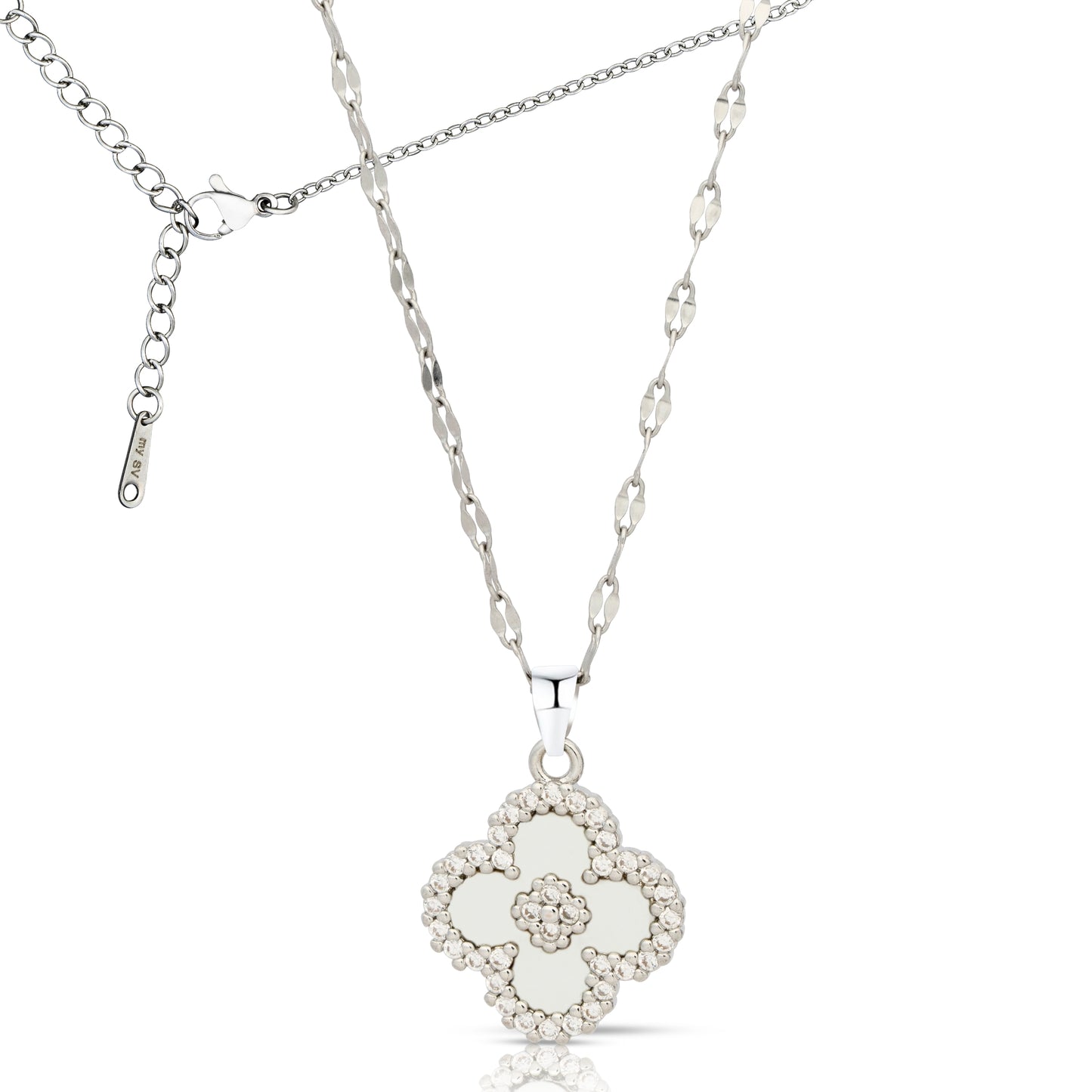 18K White Gold Plated Necklace Four Leaf Clover Pendant Necklace w/White Shell & Cubic Zirconia – Gift Jewelry