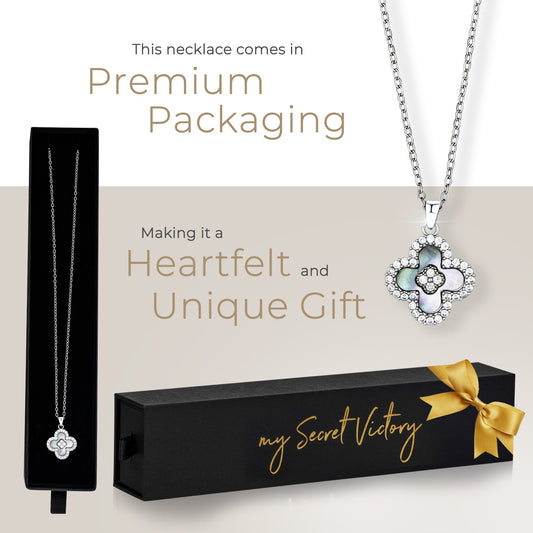 my Secret Victory 18K White Gold Plated Necklace Four Leaf Clover Pendant w/Grey Shell & Cubic Zirconia – Dainty Necklace Birthday Gift