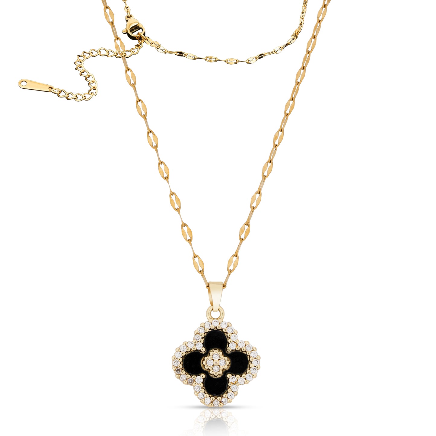 Four Leaf Clover Pendant Necklace for Women 18K Gold Plated with Black Agate & Cubic Zirconia / Dainty Lucky Clover Necklace Perfect for Any Occasion