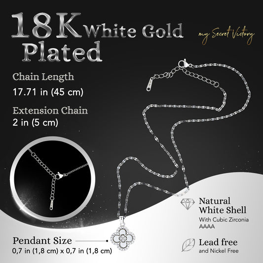 18K White Gold Plated Necklace Four Leaf Clover Pendant Necklace w/White Shell & Cubic Zirconia – Gift Jewelry