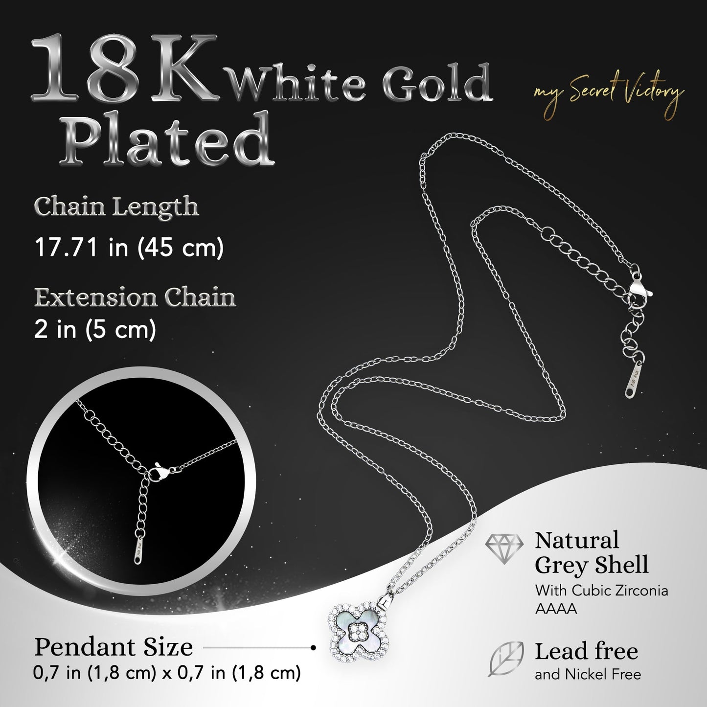 my Secret Victory 18K White Gold Plated Necklace Four Leaf Clover Pendant w/Grey Shell & Cubic Zirconia – Dainty Necklace Birthday Gift