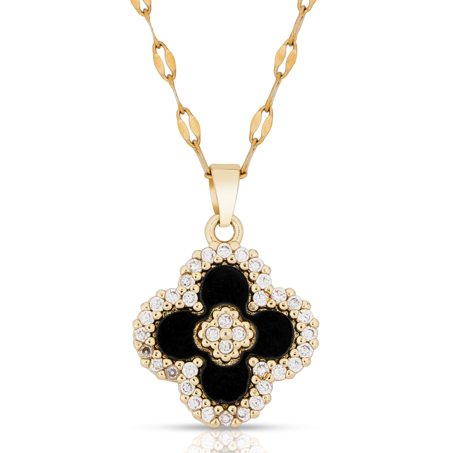 Four Leaf Clover Pendant Necklace for Women 18K Gold Plated with Black Agate & Cubic Zirconia / Dainty Lucky Clover Necklace Perfect for Any Occasion