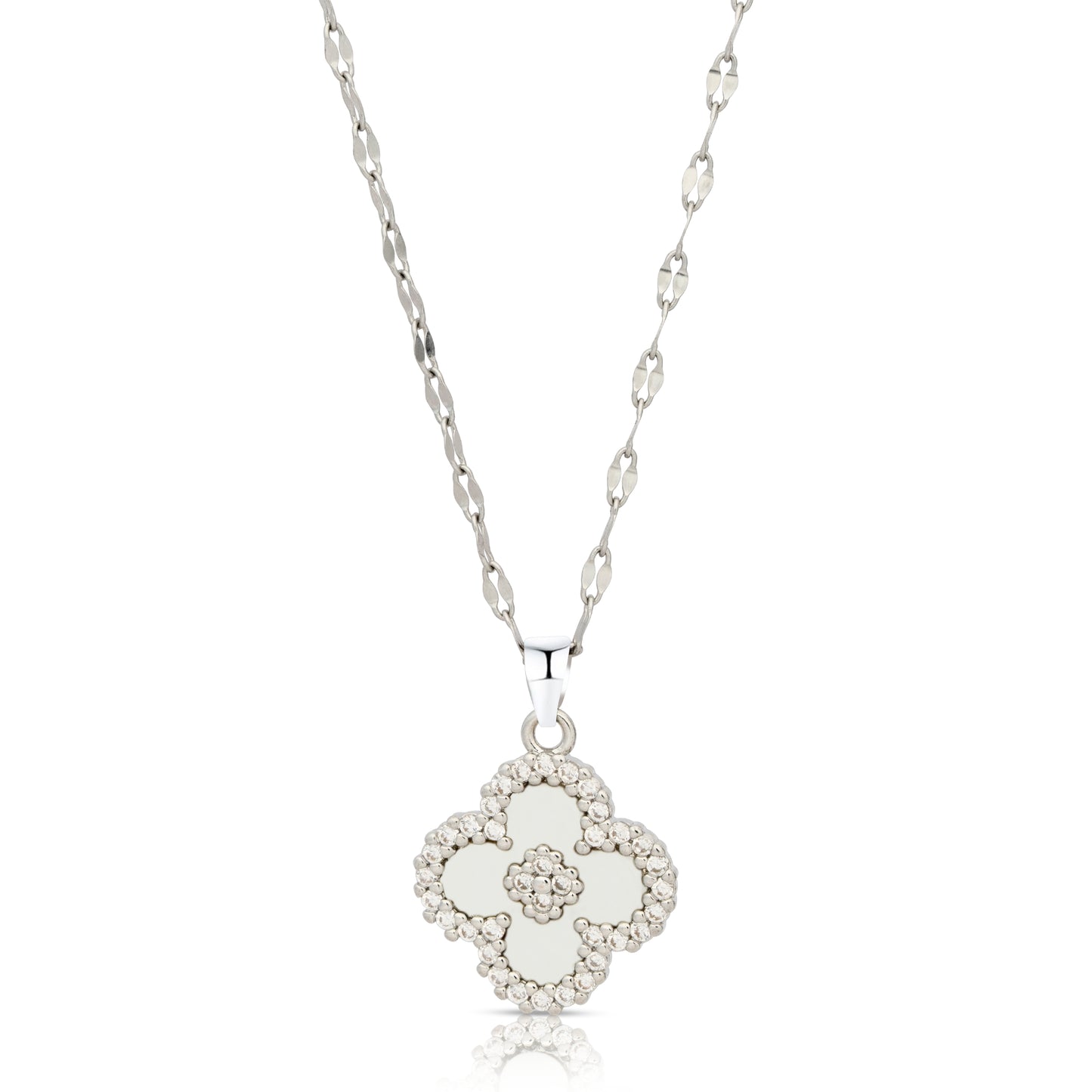 18K White Gold Plated Necklace Four Leaf Clover Pendant Necklace w/White Shell & Cubic Zirconia – Gift Jewelry