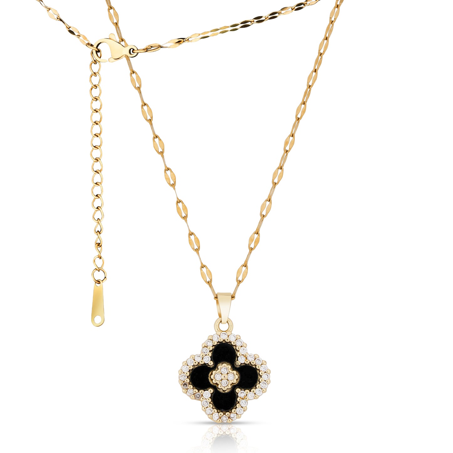 Four Leaf Clover Pendant Necklace for Women 18K Gold Plated with Black Agate & Cubic Zirconia / Dainty Lucky Clover Necklace Perfect for Any Occasion