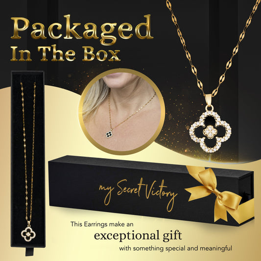 Four Leaf Clover Pendant Necklace for Women 18K Gold Plated with Black Agate & Cubic Zirconia / Dainty Lucky Clover Necklace Perfect for Any Occasion