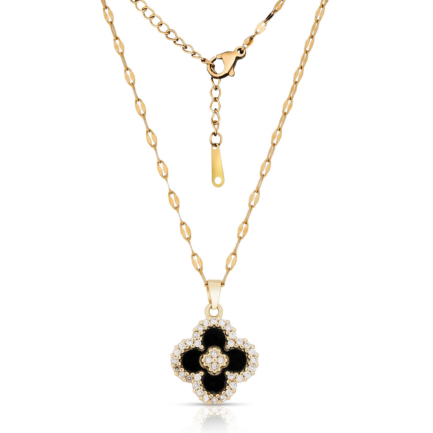 Four Leaf Clover Pendant Necklace for Women 18K Gold Plated with Black Agate & Cubic Zirconia / Dainty Lucky Clover Necklace Perfect for Any Occasion