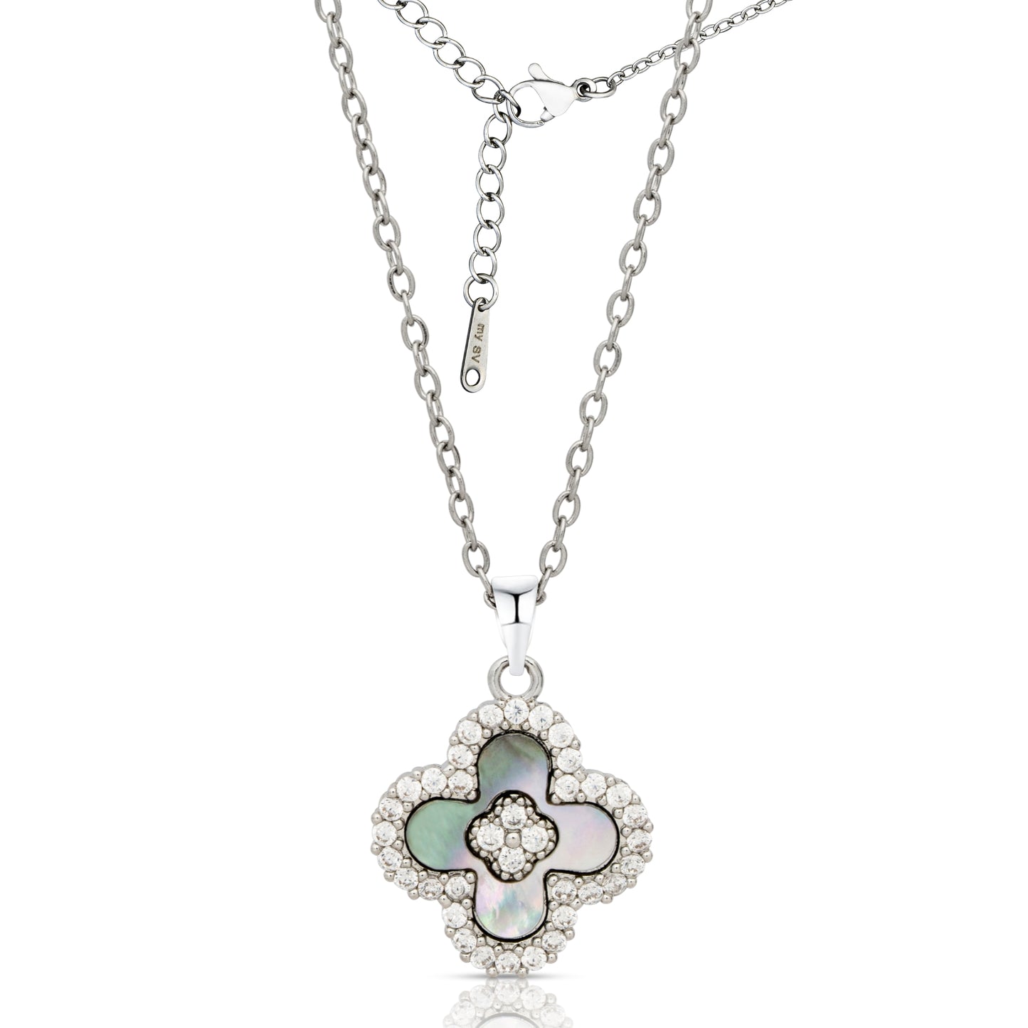 my Secret Victory 18K White Gold Plated Necklace Four Leaf Clover Pendant w/Grey Shell & Cubic Zirconia – Dainty Necklace Birthday Gift
