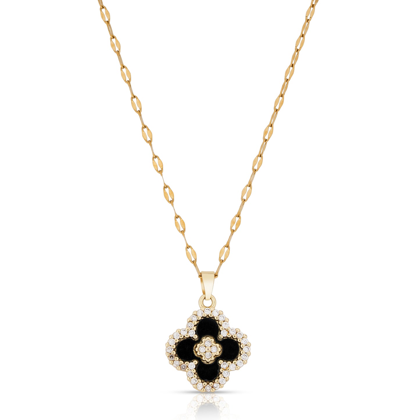 Four Leaf Clover Pendant Necklace for Women 18K Gold Plated with Black Agate & Cubic Zirconia / Dainty Lucky Clover Necklace Perfect for Any Occasion