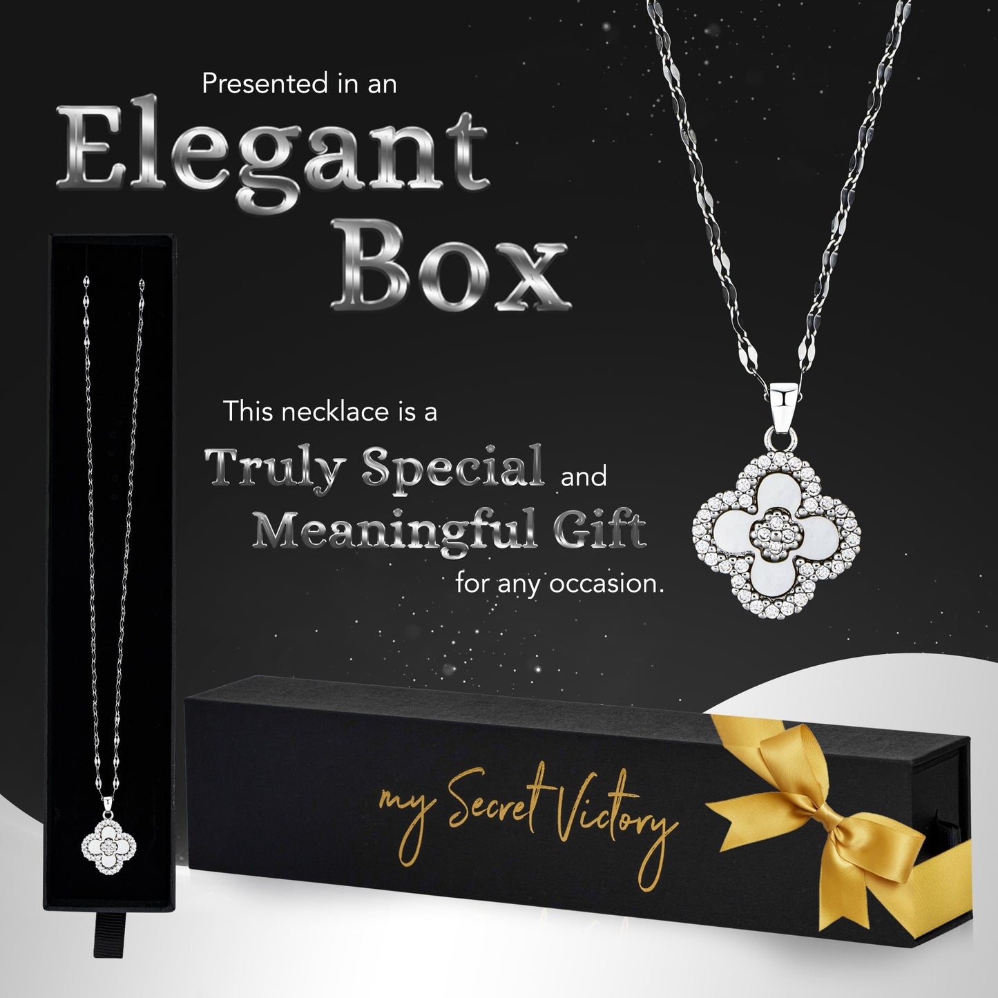 18K White Gold Plated Necklace Four Leaf Clover Pendant Necklace w/White Shell & Cubic Zirconia – Gift Jewelry