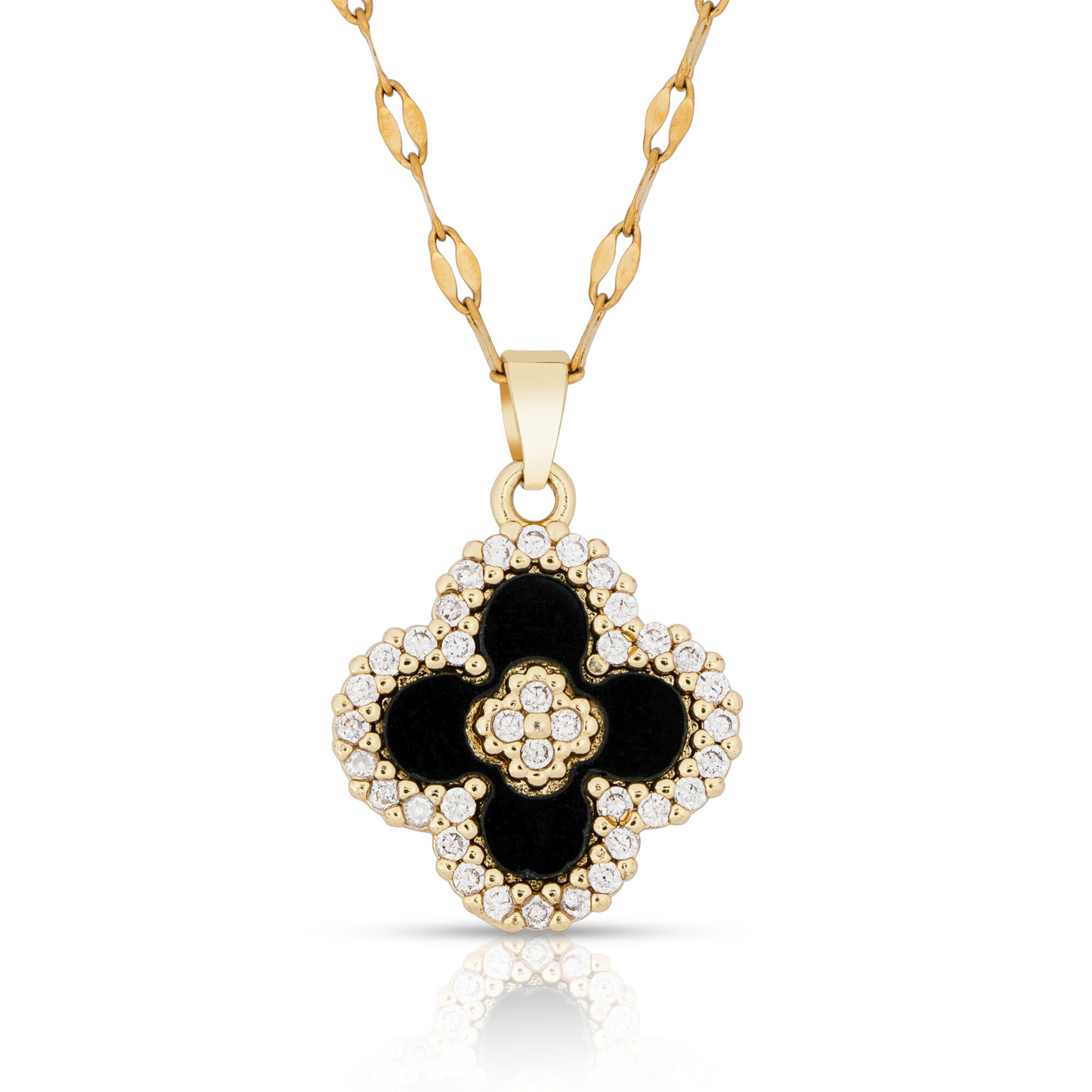 Four Leaf Clover Pendant Necklace for Women 18K Gold Plated with Black Agate & Cubic Zirconia / Dainty Lucky Clover Necklace Perfect for Any Occasion