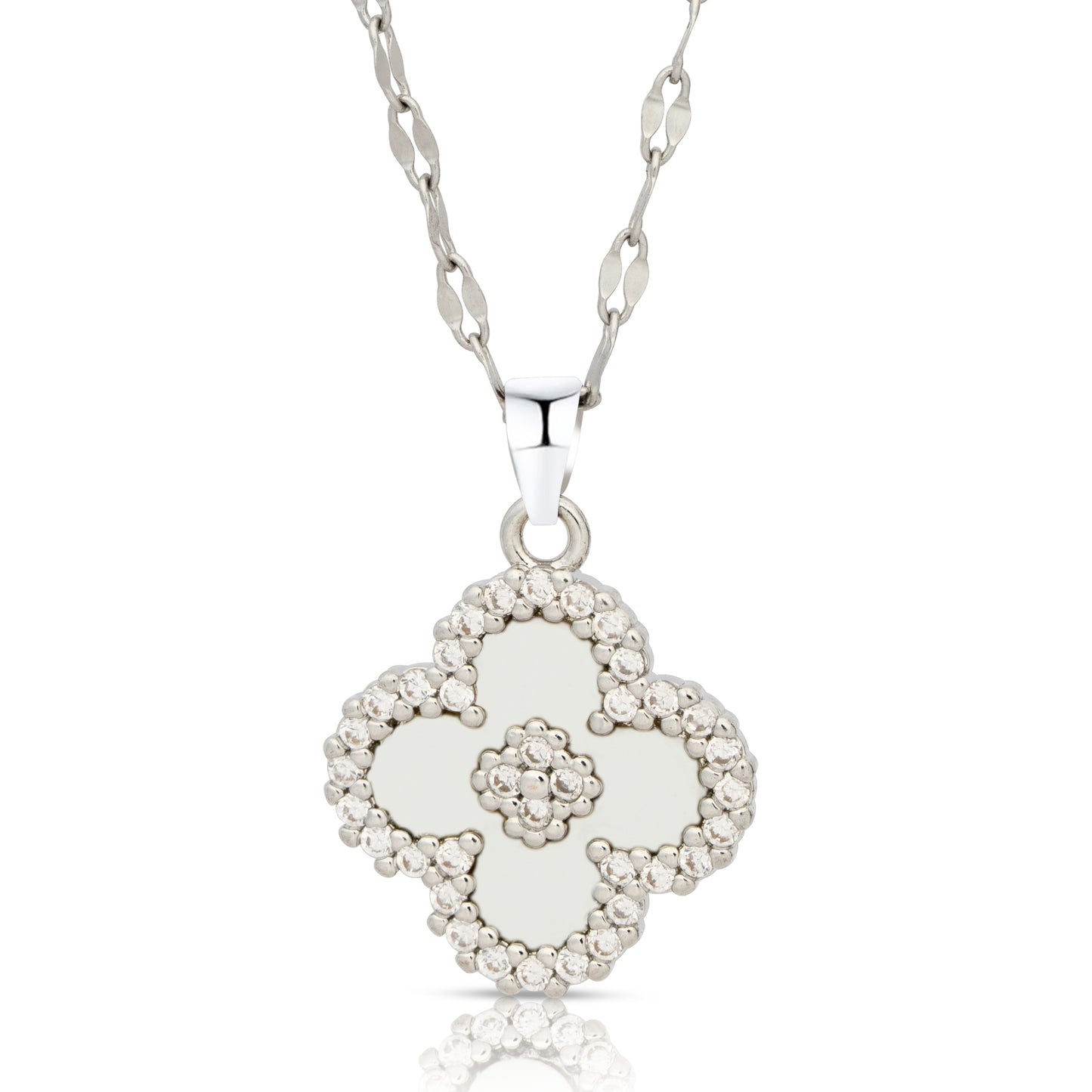 18K White Gold Plated Necklace Four Leaf Clover Pendant Necklace w/White Shell & Cubic Zirconia – Gift Jewelry