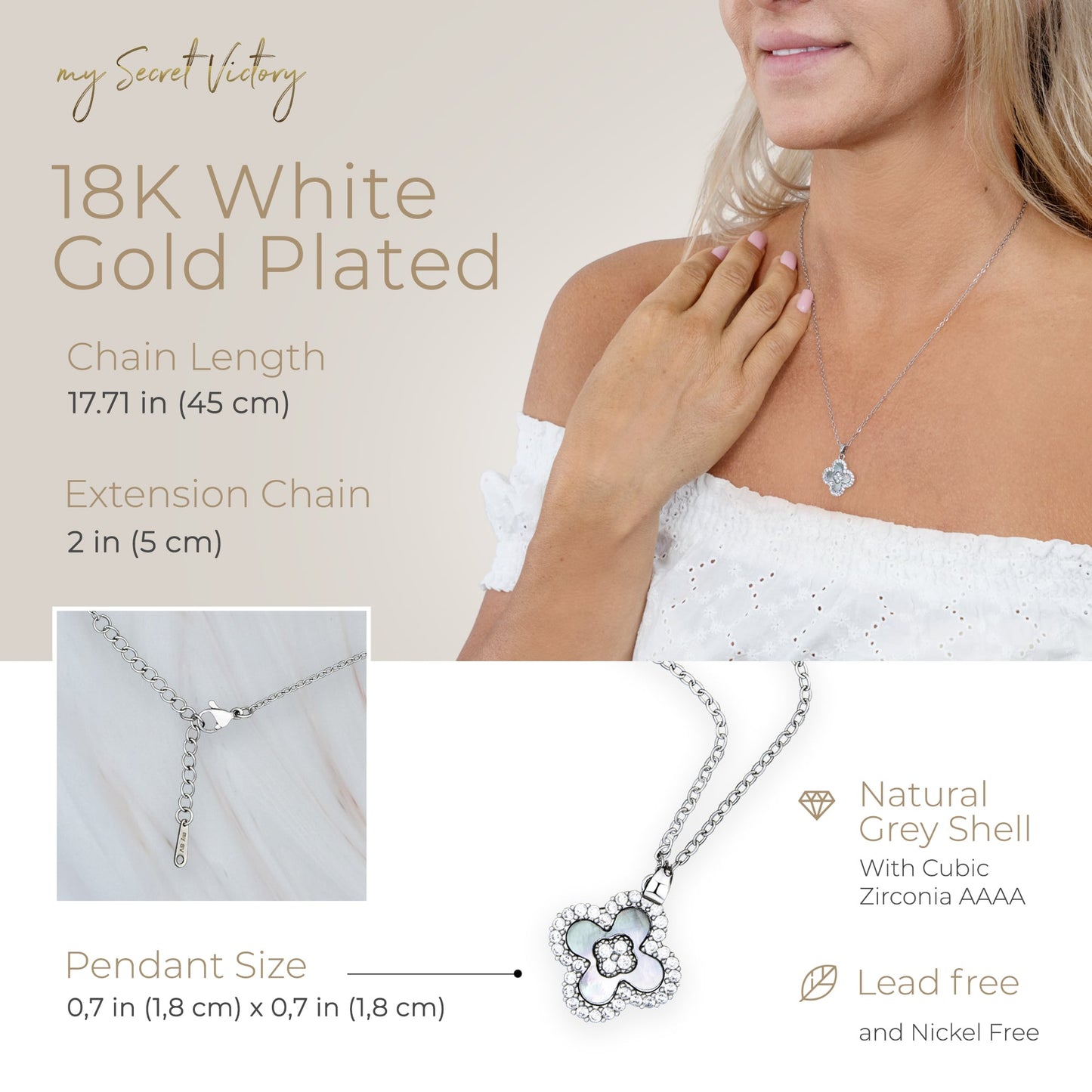 my Secret Victory 18K White Gold Plated Necklace Four Leaf Clover Pendant w/Grey Shell & Cubic Zirconia – Dainty Necklace Birthday Gift